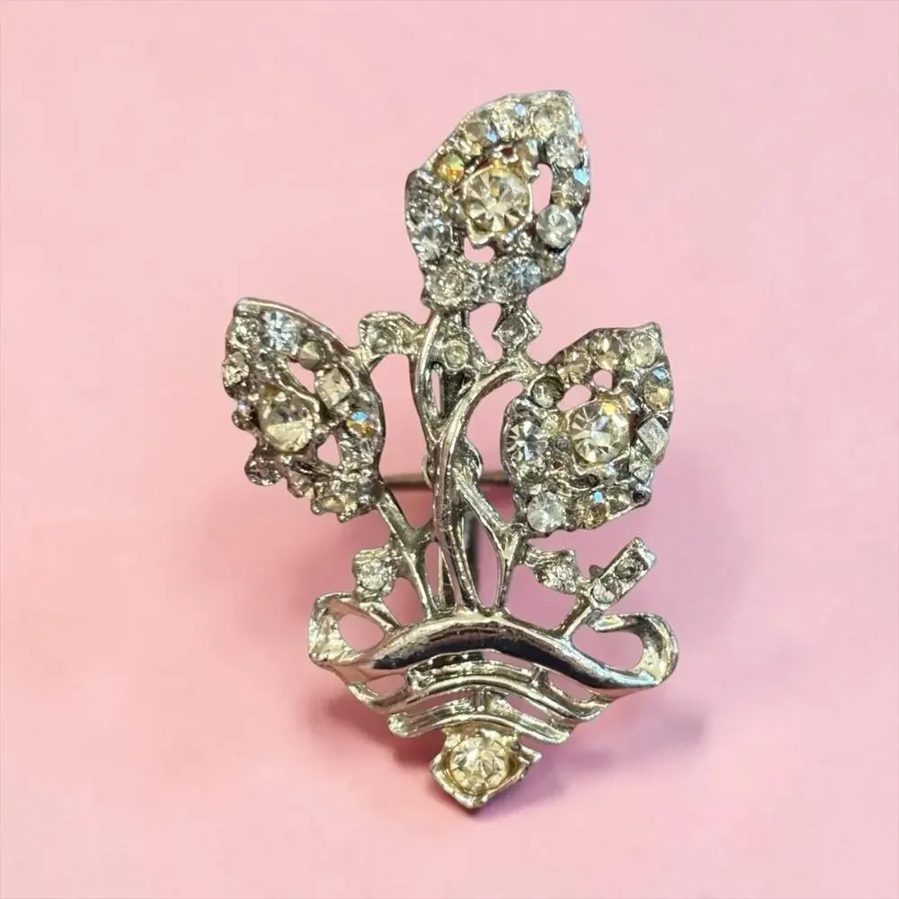 Vintage Rhinestone Flower Basket Brooch Silver Tone Bridal 1940s 50s